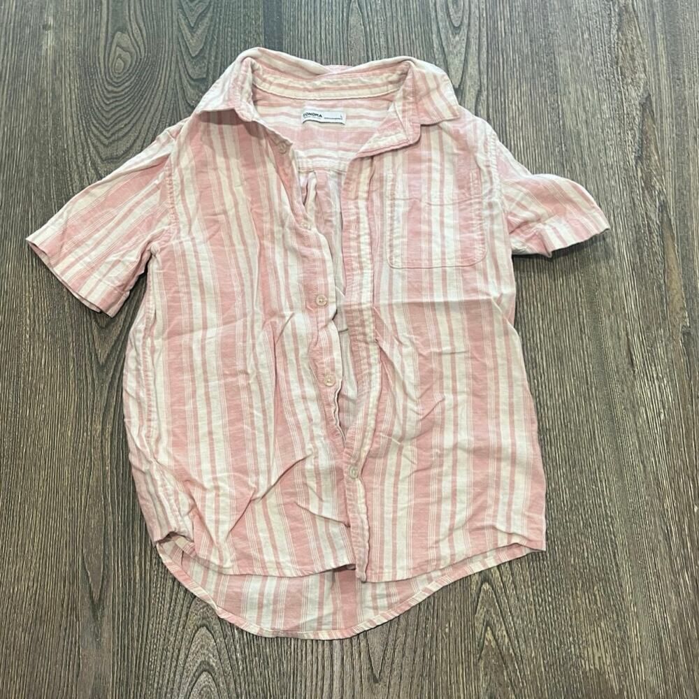 Sonoma Youth Boys Button-Up Shirt Short Sleeve Cotton Stripe Pink/White Size L